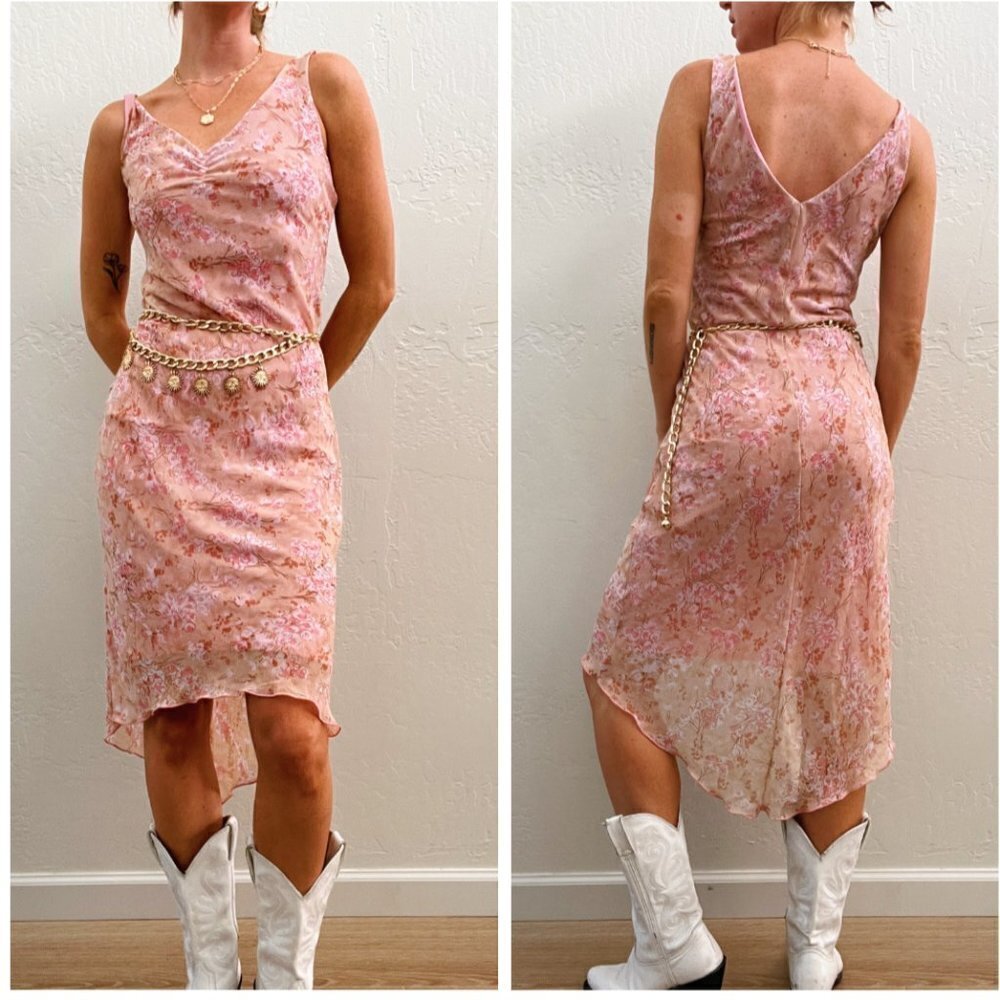 Vintage 90s/Y2K Pink Floral Sweetheart Chiffon Midi Slip Dress